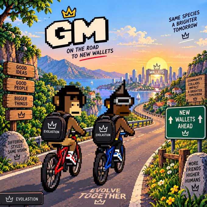 Pixel art of two characters riding bicycles toward a city, with text reading 'GM ON THE ROAD TO NEW WALLETS' and various signs including 'NEW WALLETS AHEAD' and 'EVOLASTION'.
