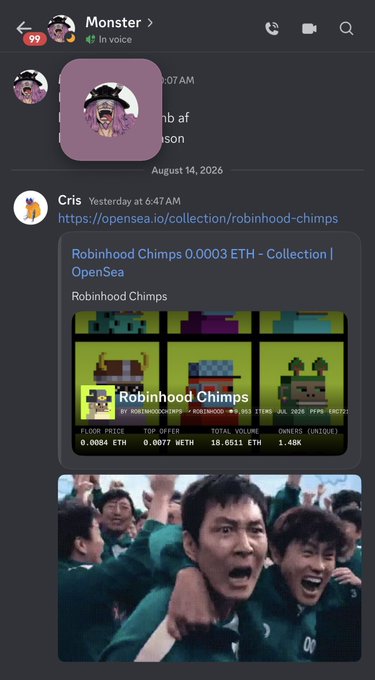 A Discord conversation with user "Monster" shows a message from "Cris" sharing an OpenSea link for the "Robinhood Chimps" NFT collection, displaying a floor price of 0.0084 ETH (35 items) and total volume of 18.6511 ETH, followed by an image of people celebrating in green tracksuits. This appears to be a screenshot supporting a post about flipping Robinhood Chimps NFTs for profit, with the celebratory meme emphasizing the success of the deal.