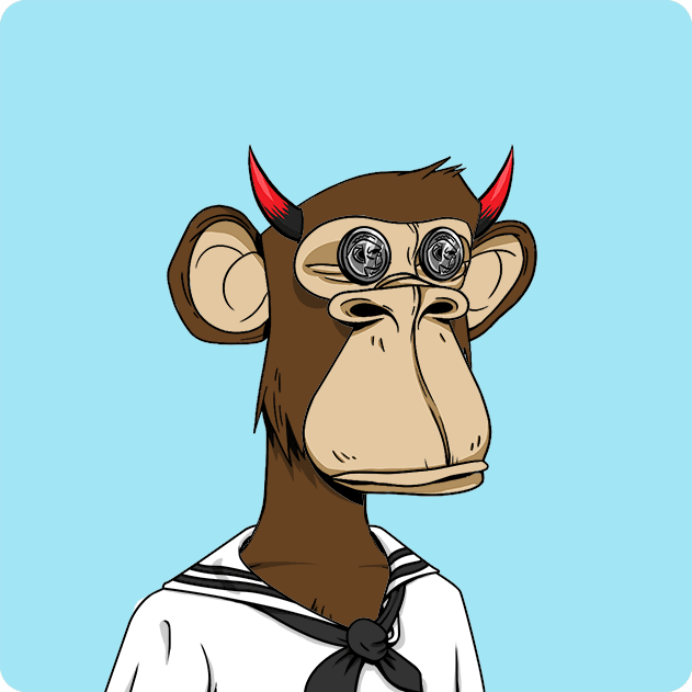 A cartoon illustration of a brown monkey with red devil horns and spiral eyes wearing a sailor-style school uniform against a light blue background, characteristic of a Bored Ape Yacht Club NFT.
