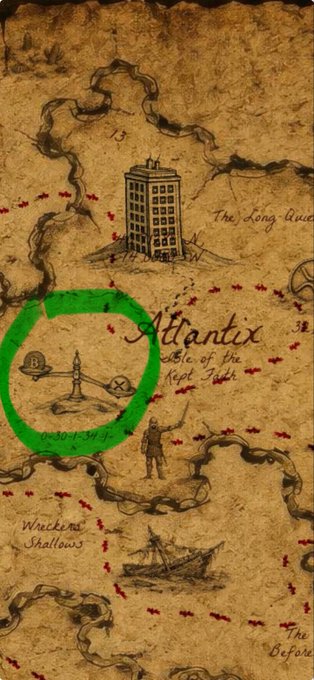 A treasure map shows "Atlantis" and "The Temple of the Lost Jedi" circled in green, with a figure pointing at a character near the marked location, fitting the post's cryptic theme of hidden treasures and celestial alignment through the scales of Libra.