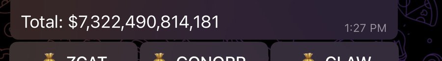 A digital display shows a total of '$7,322,490,814,181' at 1:27 PM, with partially visible 'ZOAT,' 'GONORR,' and 'CLAW' entries below.