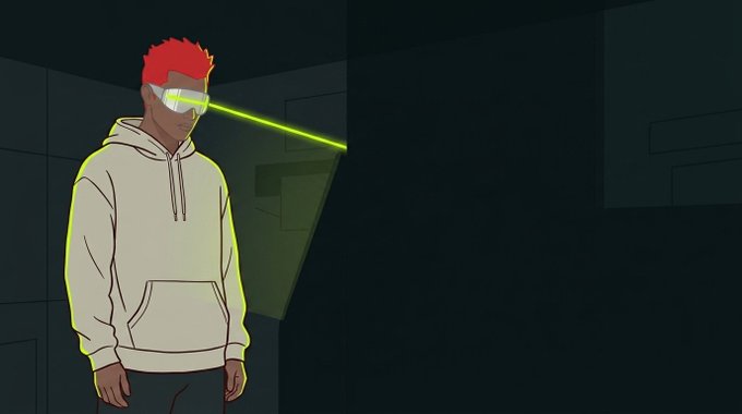 An animated figure with red hair and futuristic goggles emits a green laser beam from their eye in a dark room.