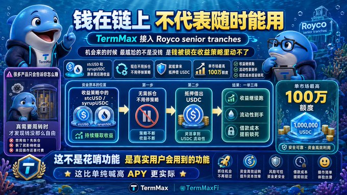 A promotional infographic for TermMax featuring a dolphin mascot explaining that funds on-chain are not always readily available, highlighting features like 'TermMax 接入 Royco senior tranches' and showing a process flow for liquidity access with stcUSDC and USDC tokens.
