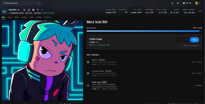 A webpage screenshot from RocketX showing a 'Mint Volt RH' tokens mint page, featuring a cartoon character with cyan headphones and a tense expression, with mint schedule details for Public, Whitelist, and Collection Phases.
