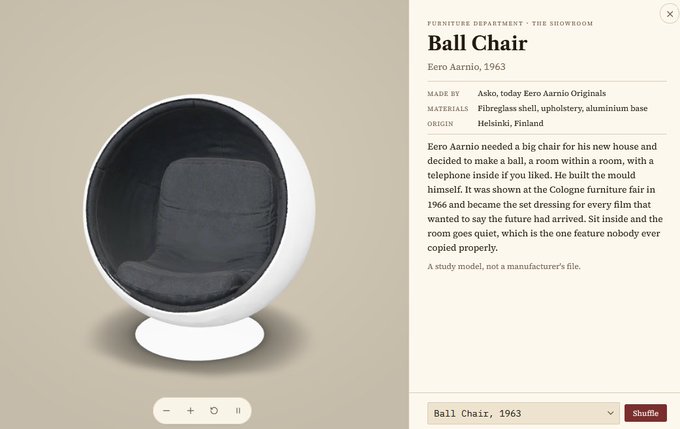 A product display for the 'Ball Chair' designed by Eero Aarnio in 1963, made by Asko (now Eero Aarnio Originals), featuring a fiberglass shell, upholstery, and aluminium base, originating from Helsinki, Finland.