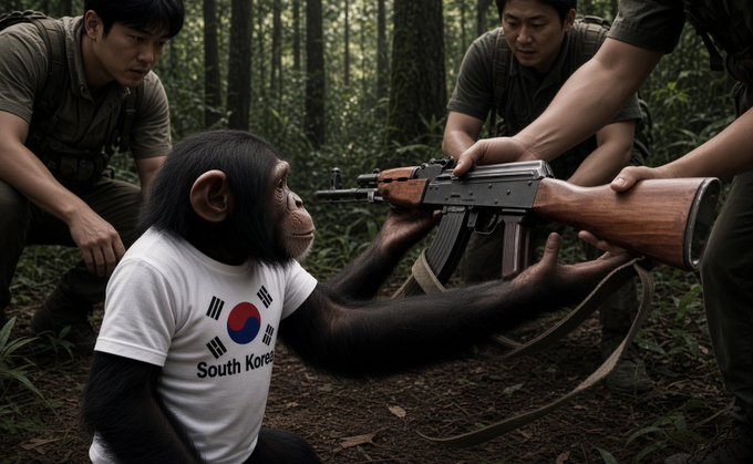 A chimpanzee wearing a "South Korea" t-shirt receives an AK-47 in a forest setting from uniformed handlers, symbolizing South Korea's crackdown on leveraged ETFs being treated as an armed force.
