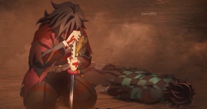 An emotional anime illustration showing a dark-haired character in a red kimono kneeling and holding a sword, with another figure lying beside him on a dusty battlefield, credited to @gvnettist.