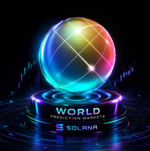 A digital illustration showing a glowing multicolored sphere on a neon-lit pedestal with the text 'WORLD PREDICTION MARKETS' and the 'SOLANA' logo, set against a dark background with a financial chart.