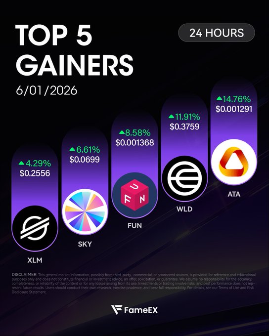 The image is a poster or advertisement with five different logos, each representing a gainer in the cryptocurrency market. The logos show that the Top 5 Gainers today are "FamEx", "XTML", "SKY", and "XLM". The poster also includes text elements such as a table and bullet points providing information about the top gainers on the FamaEx website, which was posted at 6:01 am/26 January.
