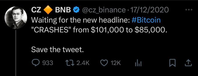 The image shows a post on Twitter from someone named @CZBinance which has been sent by their account. The post includes information about Bitcoin that includes that Bitcoin is crashing. It also mentions that someone's account waits for this new headline, meaning they will be informed when and how to react to the hashtag #Bitcoin. This post aims to bring awareness of Bitcoin crashes and updates people on the situation while possibly promoting a new hashtag or campaign related to cryptocurrencies.