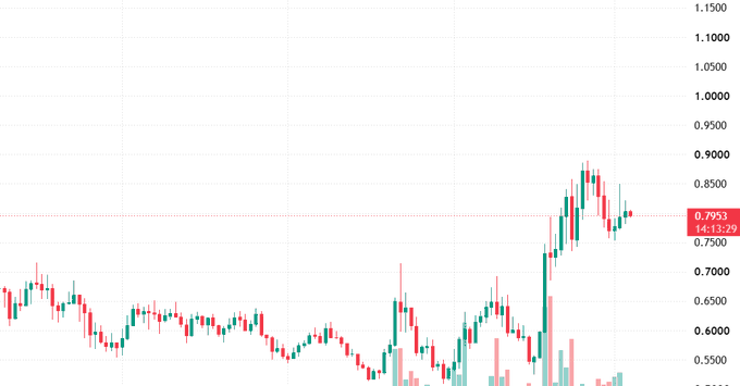 A candlestick price chart showing a green price of 0.7953 at 14:13:29, with the price recovering from a downtrend before spiking upward on the right side.