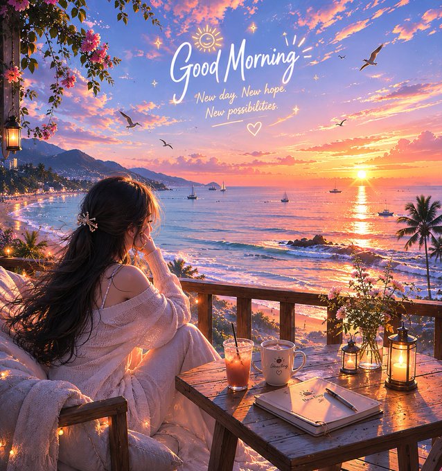 The image features a woman sitting at an outdoor table with drinks and a book. She appears to be enjoying her time by the ocean, possibly having breakfast or lunch. There are also several birds flying around the scene, adding to the peaceful atmosphere of the location. The background shows a beautiful sunset over the ocean, creating a serene setting for relaxation and contemplation.