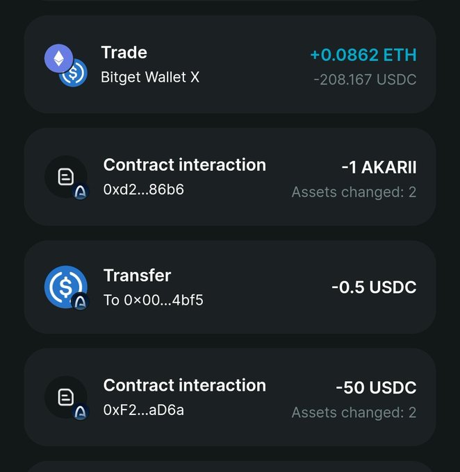 A dark-themed mobile wallet interface displaying transaction history, including a 'Trade' for '+0.0862 ETH' on Bitget Wallet X, a 'Contract interaction' for '-1 AKARII', a 'Transfer' of '-0.5 USDC', and another 'Contract interaction' for '-50 USDC'.