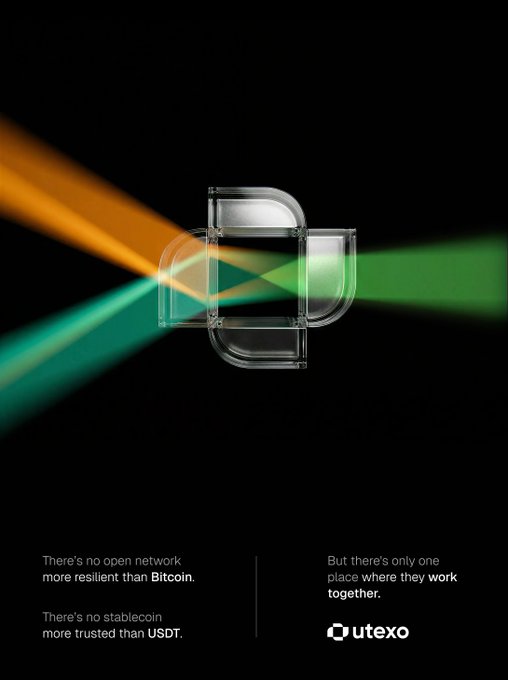 An advertisement for Utexo featuring abstract colorful light beams intersecting, with text stating 'There's no open network more resilient than Bitcoin' and 'There's no stablecoin more trusted than USDT'.