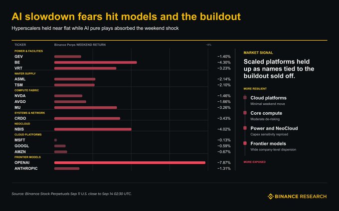 The image, titled "AI slowdown fears hit models and the buildout," displays Binance Perps Weekend Returns across AI-related tickers, showing OpenAI down -7.87%, BE -4.30%, NBIS -4.02%, and AMD -3.43%, while hyperscalers like MSFT (-0.13%), GOOGL (-0.59%), and AMZN (-0.67%) held flat—illustrating the selective AI repricing referenced in the post, where frontier models absorbed the shock while scaled cloud platforms remained resilient.