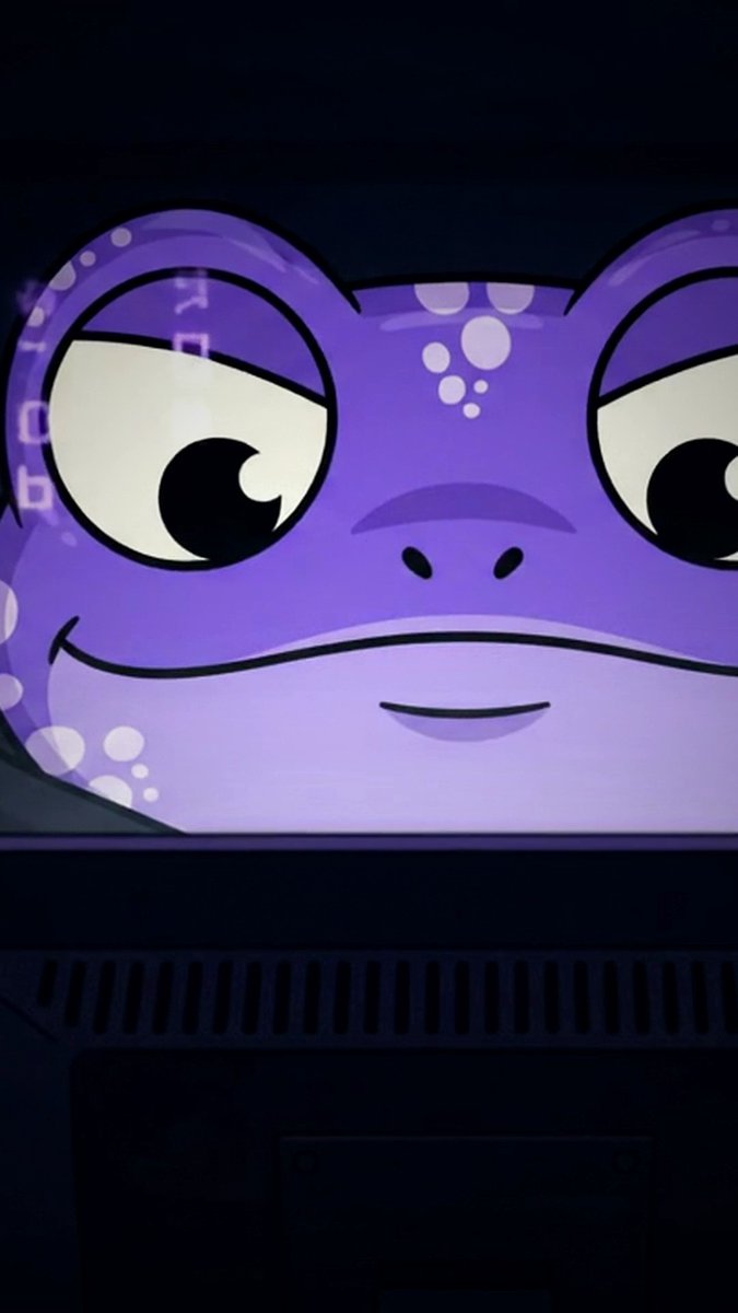 A purple cartoon frog character with a mischievous smirk and half-lidded eyes appears on a screen, seemingly peering down at the viewer, complementing the post's announcement of the $BOINK token relaunch on @inkonchain.