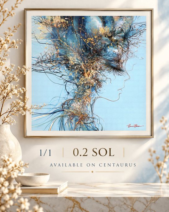 A framed piece of digital art depicting a stylized female profile with elaborate blue and gold floral headpiece, displayed in an elegant interior setting. Text below reads '1/1 | 0.2 SOL | AVAILABLE ON CENTAURUS'.