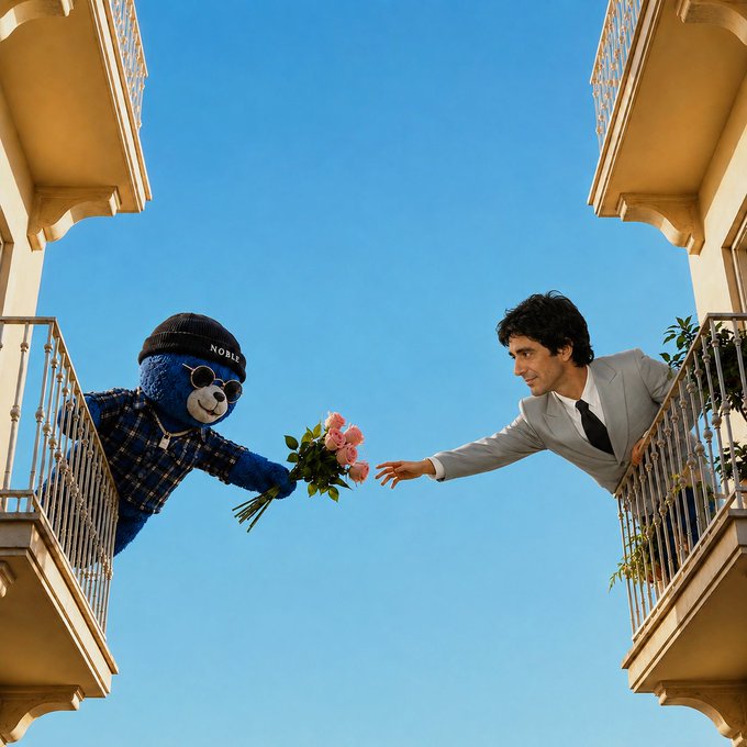 A whimsical scene depicting a person in a blue teddy bear costume wearing a 'NOBLE' beanie and sunglasses on one balcony, handing pink roses to a man in a grey suit on another balcony.