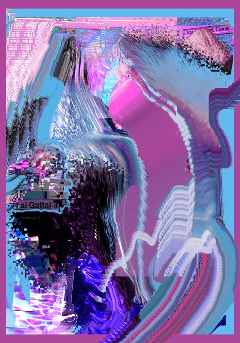 Abstract digital artwork featuring swirling distorted shapes in purple, pink, and blue tones, with partial text including 'Tai Gattai' visible on the left side.