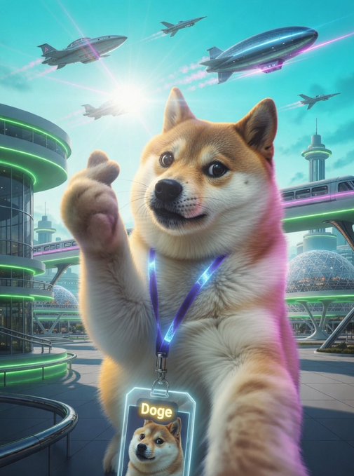 In the image, a brown dog wearing a blue lanyard with a name tag that reads "DOGE" is standing next to a building. The dog appears to be posing for a photo or selfie, as indicated by its position near the camera. The background of the image features several airplanes flying in the sky and buildings in the distance, creating an urban setting. The post caption reads: "The world when it's built on $DOGE".