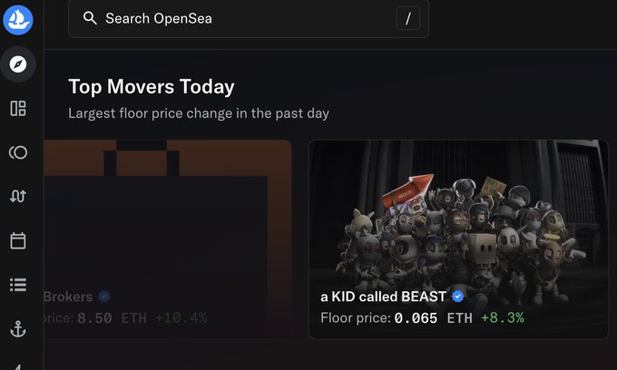 OpenSea's "Top Movers Today" page highlights "a KID called BEAST" with a floor price of 0.065 ETH and an +8.3% gain, celebrating the collection's continued surge as mentioned in the post.