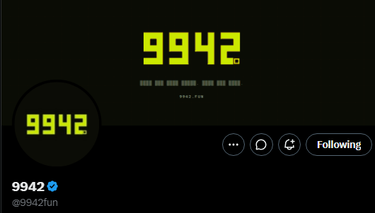 A social media profile for '9942' (@9942fun) featuring a neon green '9942' logo on a black background with a 'Following' button.