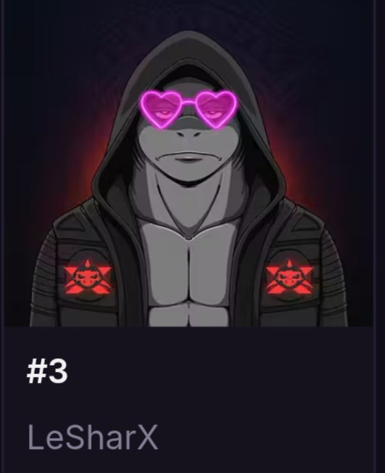 A profile card or avatar for "#3 LeSharX" featuring an illustrated gorilla in a hooded jacket wearing pink neon heart-shaped sunglasses, with a red glowing background.
