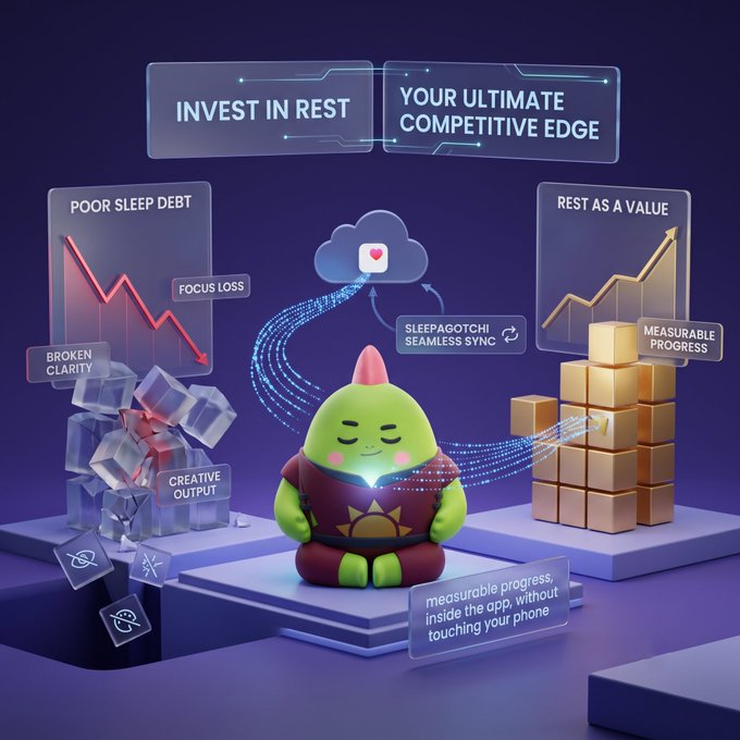 An advertisement for the Sleepagotchi app contrasting 'POOR SLEEP DEBT' (broken glass) with 'REST AS A VALUE' (gold bars) around a green meditation character.