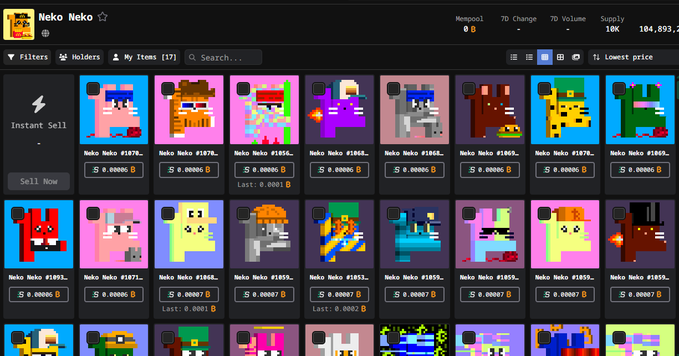 A digital marketplace listing for pixel art Neko Neko NFTs with 10K supply and 104,893.2 7D volume, displaying various pixelated cat character skins priced at approximately 0.00006 B each.