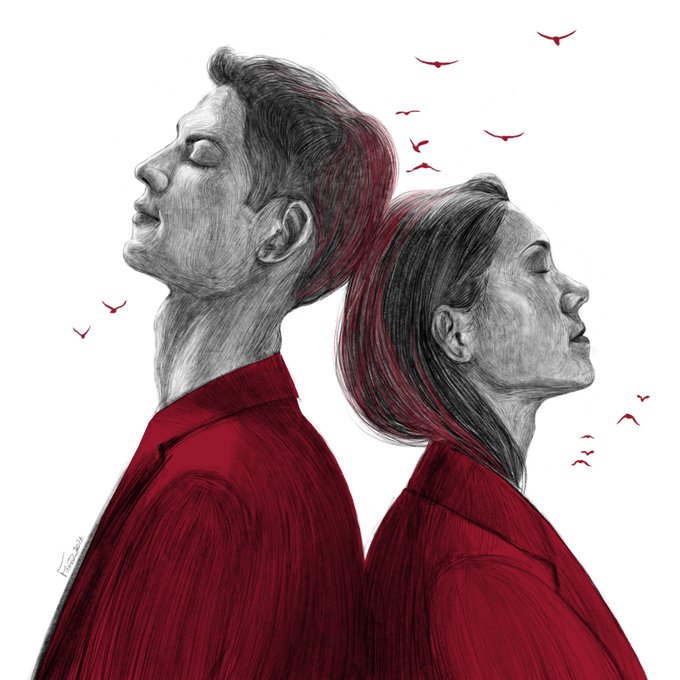A pencil and red ink illustration depicts a man and woman in red garments facing back-to-back with closed eyes, surrounded by small red birds, evoking the intimate "Red Together" theme of the new Tezos NFT drop.