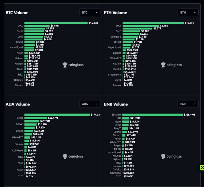 Four bar charts from Coinglass showing trading volumes across exchanges: BTC ($14.03B led by OKX at $5.59B), ETH ($10.87B led by OKX at $4.48B), ADA ($174.03M led by Bybit at $60.47M), and BNB ($356.49M led by Binance at $41.34M).