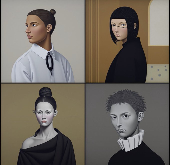 A four-panel AI-generated portrait showing variations of a single character with different hairstyles and outfits, including a man with a top knot, a figure in a black hood, a pale woman with a bun, and a spiky-haired person in a ruffled collar.