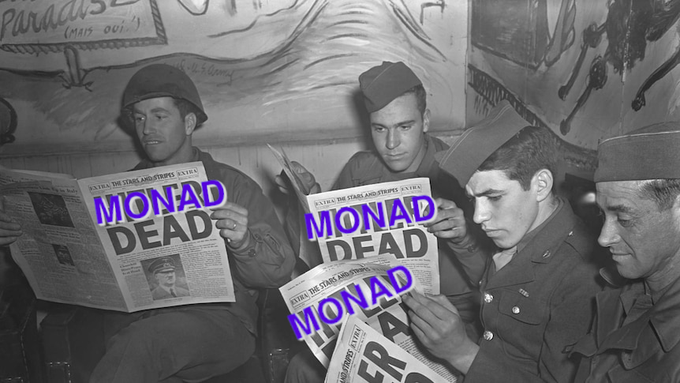 A black-and-white historical photo of soldiers reading newspapers stamped with 'MONAD DEAD' in purple, with headlines referencing 'STARS AND STRIPES EXTRA'.
