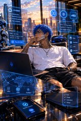 A young person wearing blue headphones relaxing with a laptop while interacting with floating holographic digital interfaces.