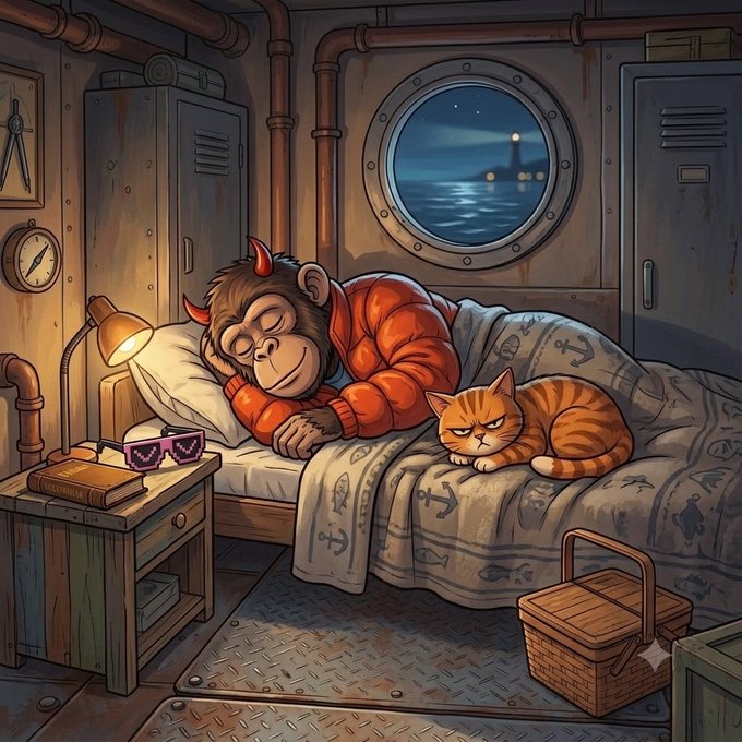 A whimsical illustration of a child wearing a red hoodie with small devil horns and glasses, peacefully sleeping in a bed alongside an orange tabby cat, in a cozy wooden cabin with a porthole window showing the ocean at night.