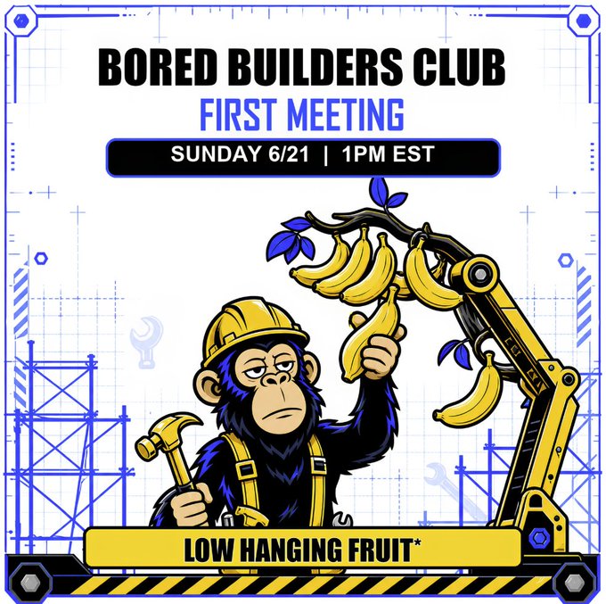 The image features a cartoon monkey wearing a hard hat holding bananas while standing next to a crane or construction equipment. The text at the bottom of the image reads "First meeting of the Bored Builders Club is tomorrow at 1pm EST". This suggests that the meeting will be held in the morning, and it's an event for those interested in learning about the club's activities and how they can participate.