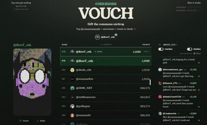 A leaderboard interface for 'commons VOUCH' on what appears to be the Farcaster app, showing @RooT_eth and other users ranked by points.