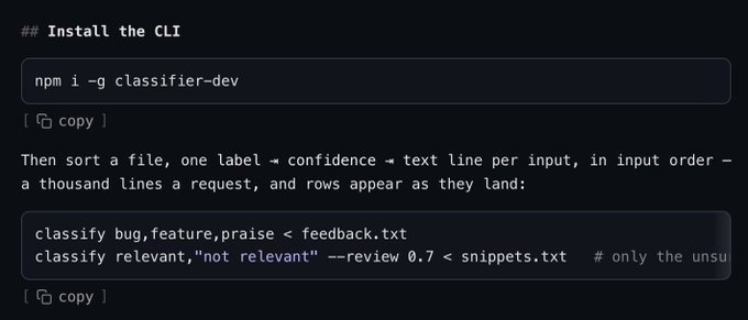 A dark-themed instructional screenshot shows CLI commands for installing and using a classifier tool, with examples like 'classify bug,feature,praise < feedback.txt'.