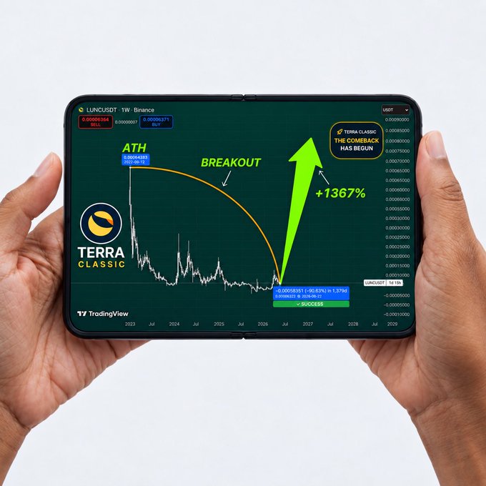 A tablet held in two hands displays a TradingView-style “TERRA CLASSIC” chart annotated with “ATH,” “BREAKOUT,” “+1367%,” and “THE COMEBACK HAS BEGUN.”