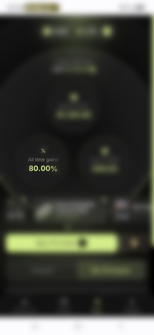 A blurry mobile app interface displays a percentage and the text "All time gains" followed by "80.00%".