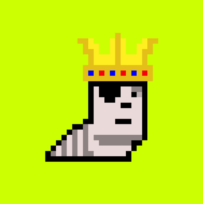 A pixel art illustration of a gray stone-like face wearing a golden crown with red and blue jewels against a bright lime green background.