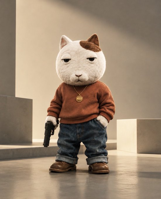 A 3D rendered image of an anthropomorphic white cat with a brown ear patch, wearing an orange sweater, gold 'KET' necklace, and jeans, holding a pistol while standing in a minimalist room.