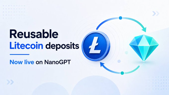 A promotional graphic announcing "Reusable Litecoin deposits" with the tagline "Now live on NanoGPT," featuring the Litecoin (LTC) logo and a blue diamond gem connected by circular arrows to illustrate the deposit process. The visual directly supports the announcement by showcasing the new feature that allows users to save a single LTC address for quick top-ups on NanoGPT.