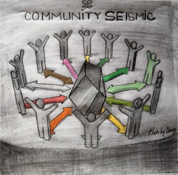 A hand-drawn sketch titled 'COMMUNITY SEISMIC' showing colorful arrows radiating outward from a central cube to multiple human figures with raised arms.