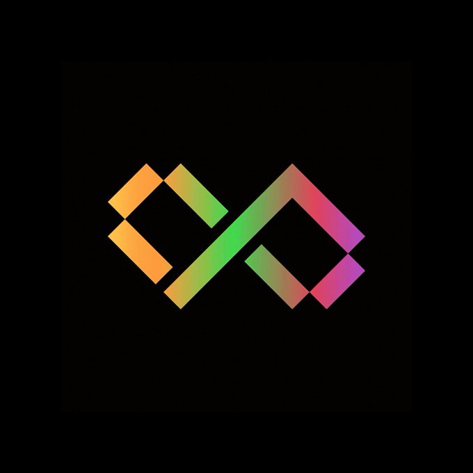 A geometric logo featuring two interlocking angular shapes rendered in a gradient transitioning from orange through yellow and green to pink and purple, set against a black background.