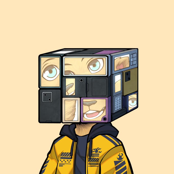 An illustration of a character wearing a yellow jacket with their head replaced by a Rubik's cube displaying anime-style facial features.