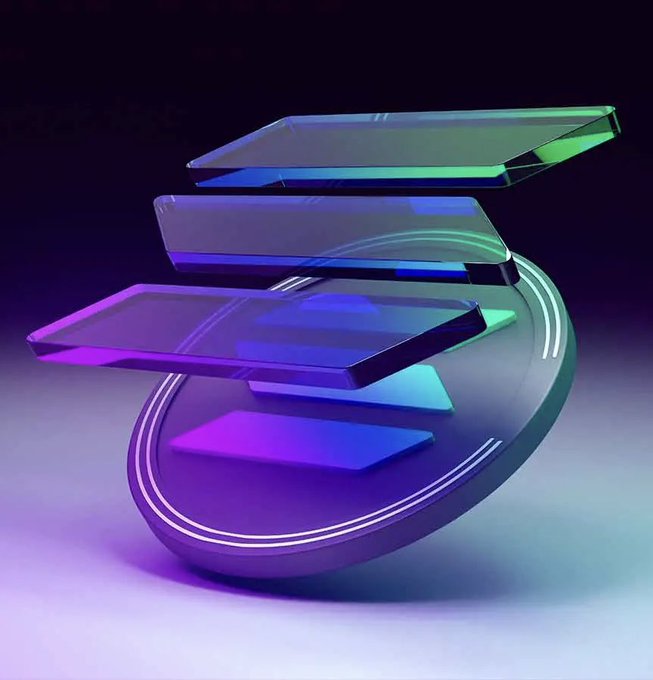 A stack of translucent glass-like slabs in vibrant purple, blue, and green hues rests atop a circular platform, creating a futuristic visual. The image doesn't contain visible text but uses its tech-inspired aesthetic to symbolize Solana's blockchain infrastructure and its rumored support for PumpFun competitors in the meme coin ecosystem.