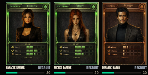 A screenshot from a video game showing character recruitment cards for 'Mancle Renner', 'Wicked Daphne', and 'Dynamic Marco', each with trait grids and recruit costs.