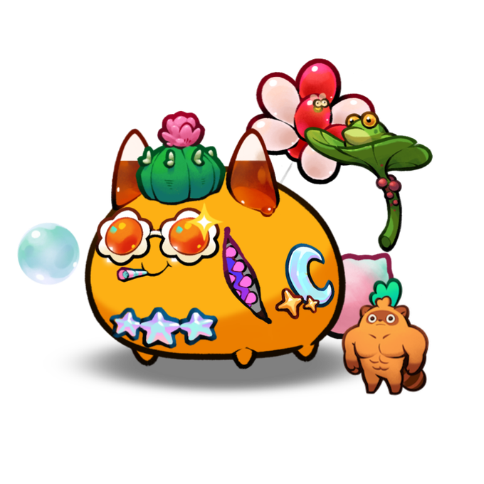The image features an orange cartoon character wearing glasses and a hat, surrounded by various other cartoon characters such as a frog, a bird, and a flower. The scene includes a balloon floating above them, adding a whimsical touch to the overall composition. The caption of the image reads "GM to everyone, I hope you all have a beautiful day! How lovely Axie looks with all her accessories, I loooove it @Ronin_Network @AxieInfinity".