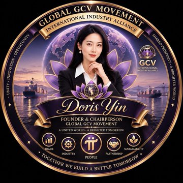 A circular emblem for the "Global GCV Movement" features a portrait of Doris Yin, identified as "Founder & Chairperson," alongside maritime imagery and Pi cryptocurrency logos, despite the accompanying post's notice that the "PI" name and logo are protected trademarks that should not be used in such promotional materials.